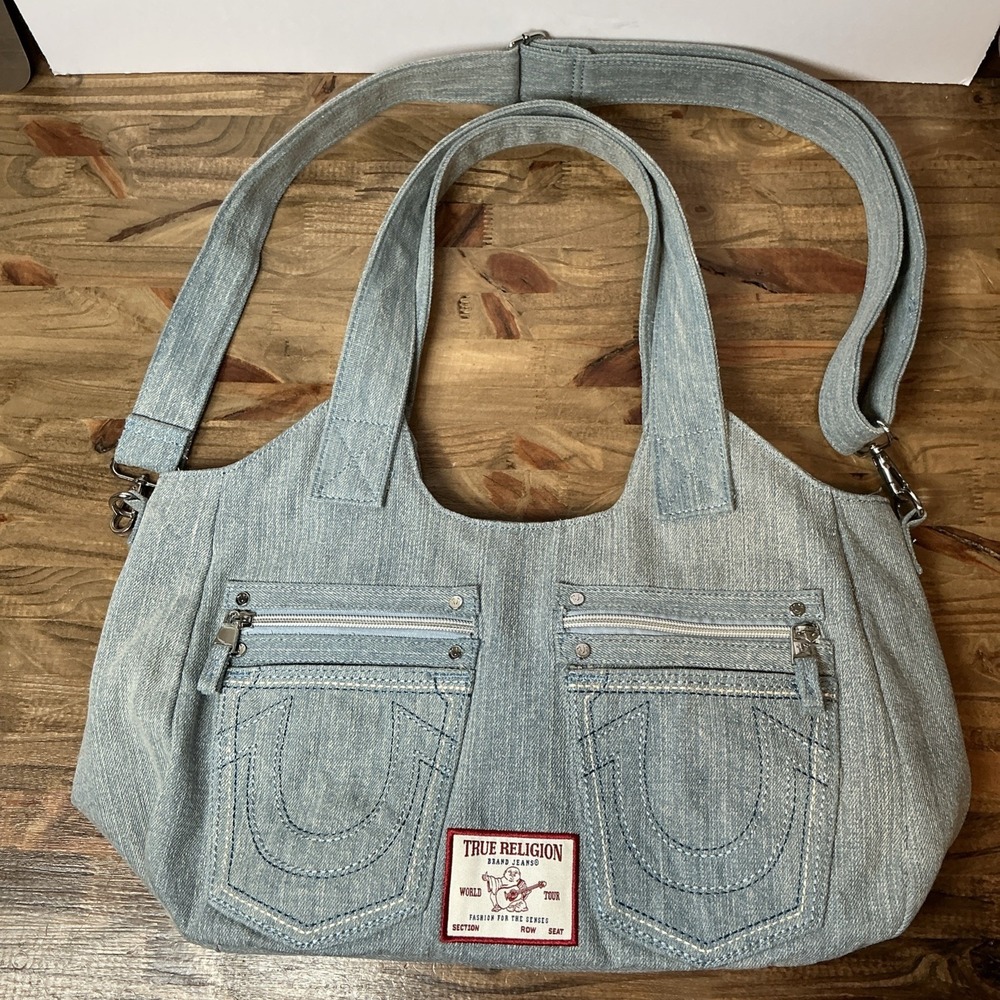 True Religion Denim Handbag Tote Shoulder Crossbody Jean Purse Y2K Carry On - Picture 2 of 13